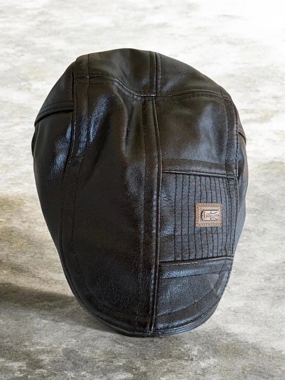 Black Leather Patch Detail Flat Cap